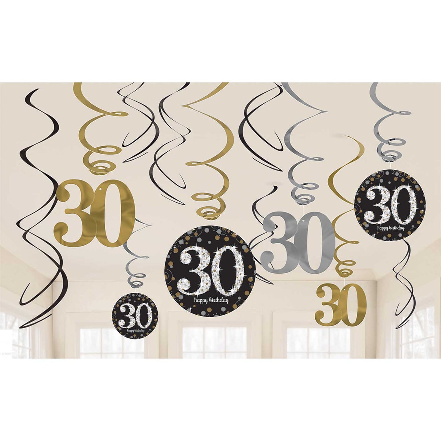 670478 IP X12 - Gold Sparkling Celebration 30th Swirl Decoration Value Packs - 12 PKG/12