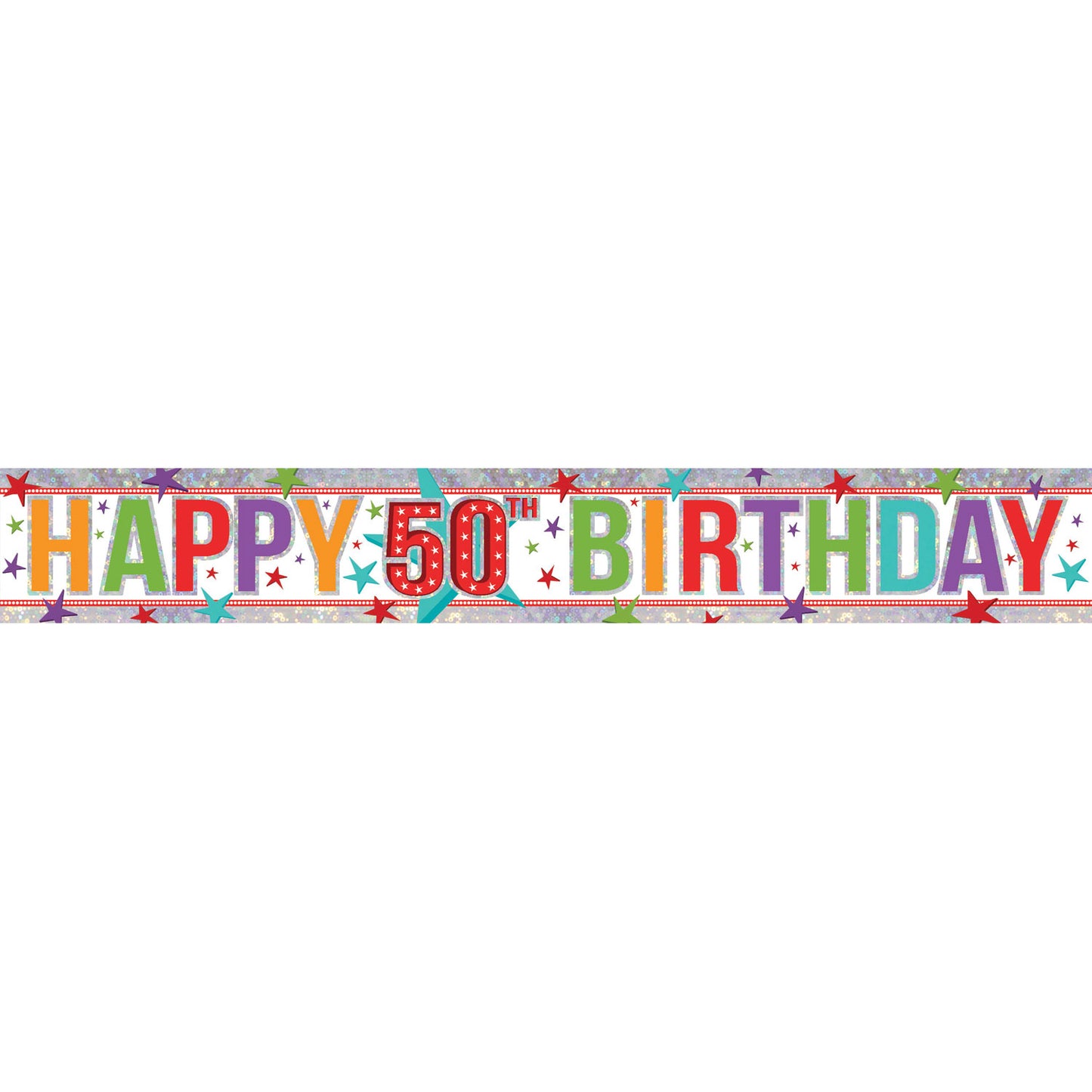 9900033 IP X12 - Multi Colour Happy 50th Birthday Holographic Foil Banners 2.7m - 12 PC
