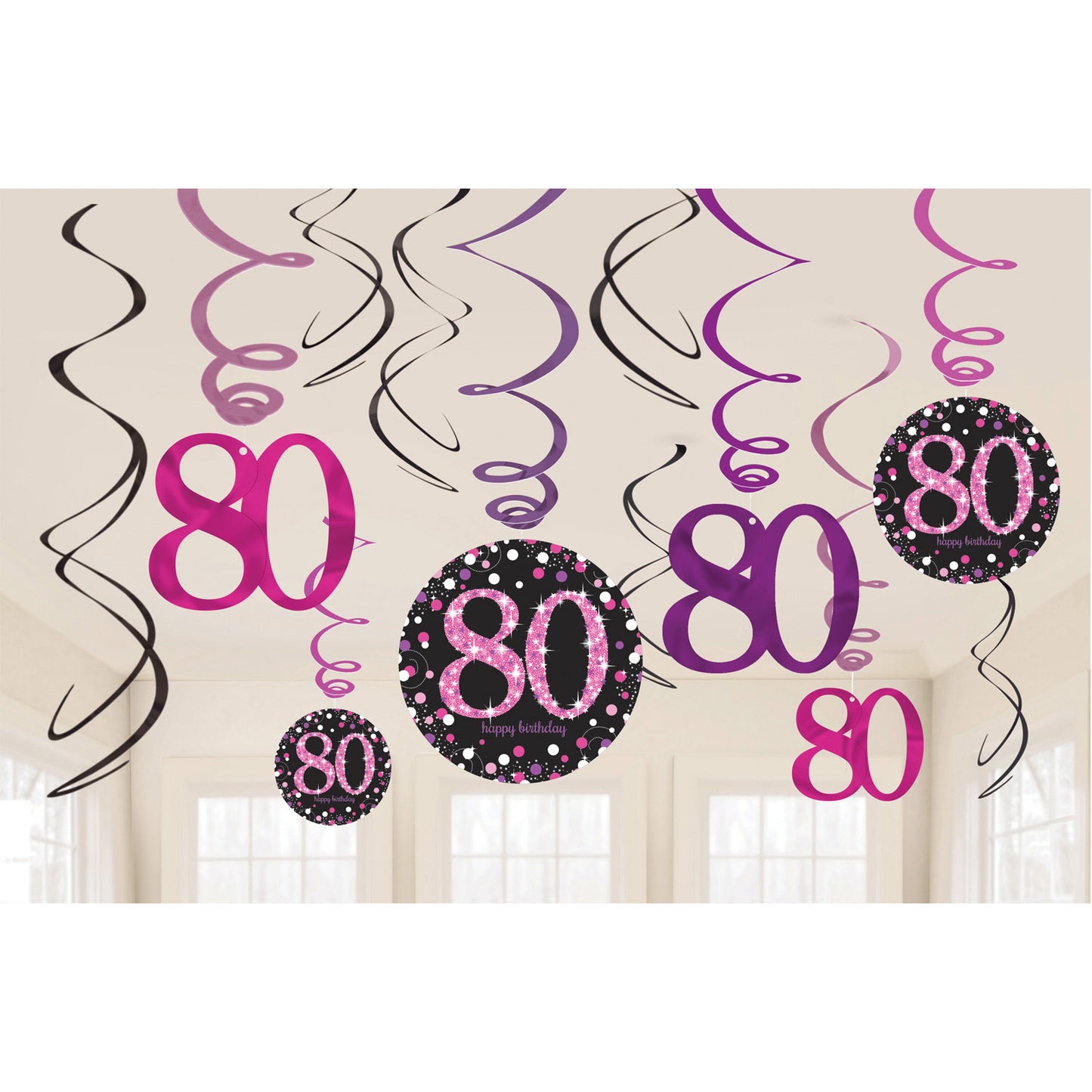 9901755 IP X12 - Pink Sparkling Celebration 80th Swirl Decorations - 12 PKG/12