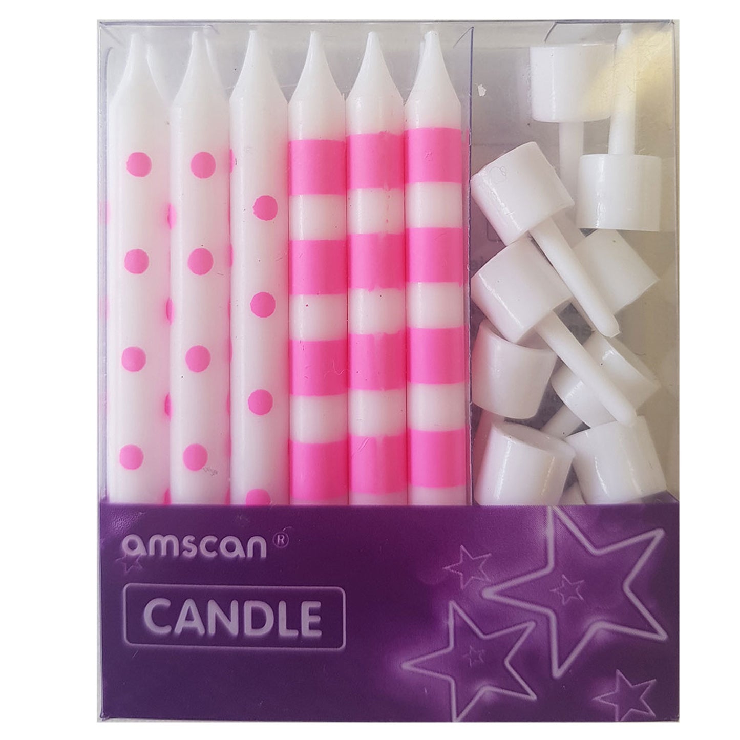 9902296 IP X12 - Bright Pink Dots & Stripes Candles - 12 PKG/12