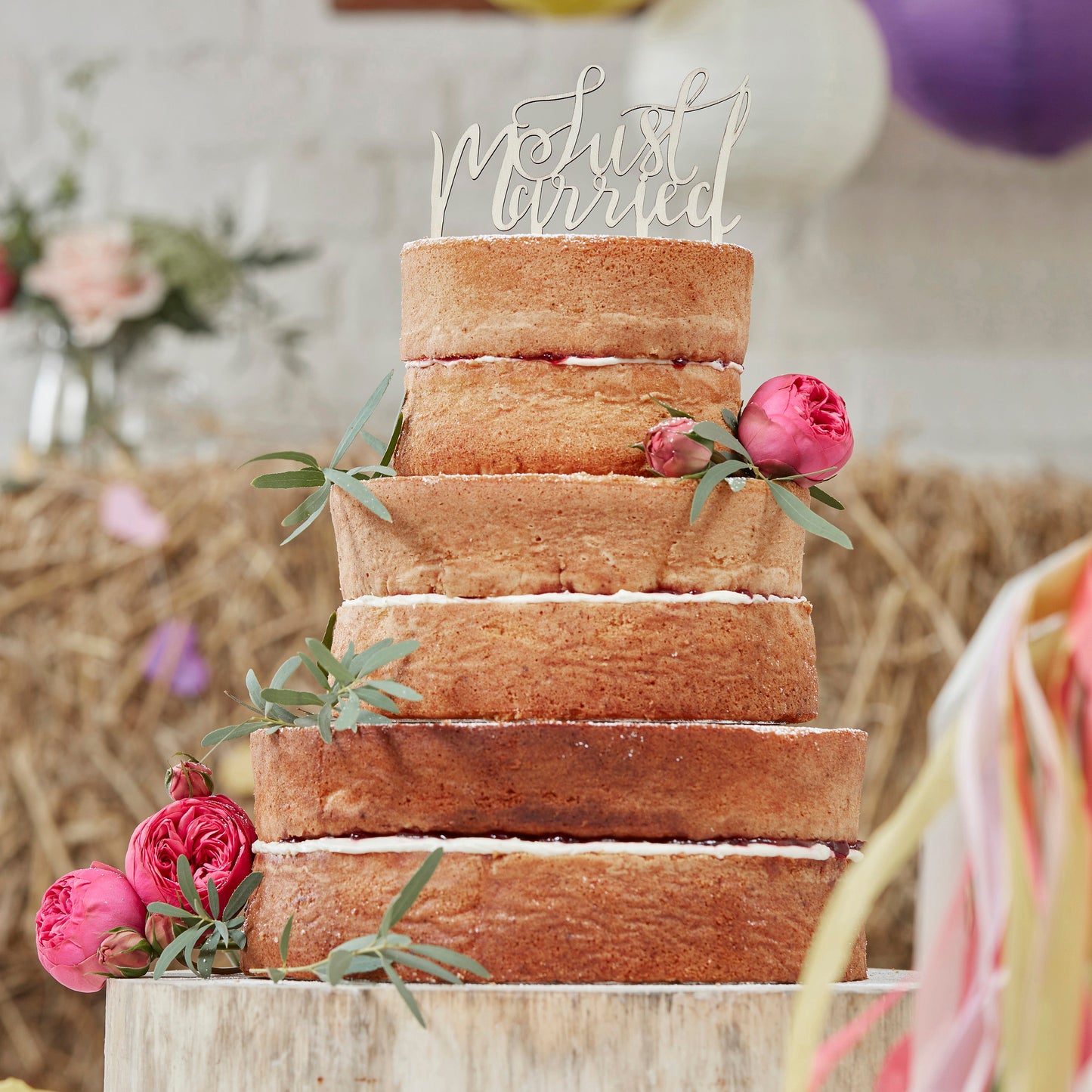 Wooden Just Married Wedding Cake Topper- 10 Inner Pack
