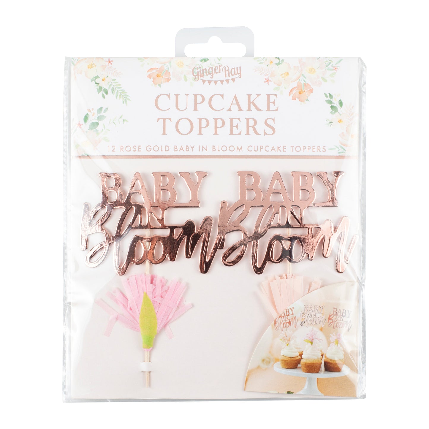Rose Gold Floral Baby Shower Cupcake Toppers- 5 Inner Pack