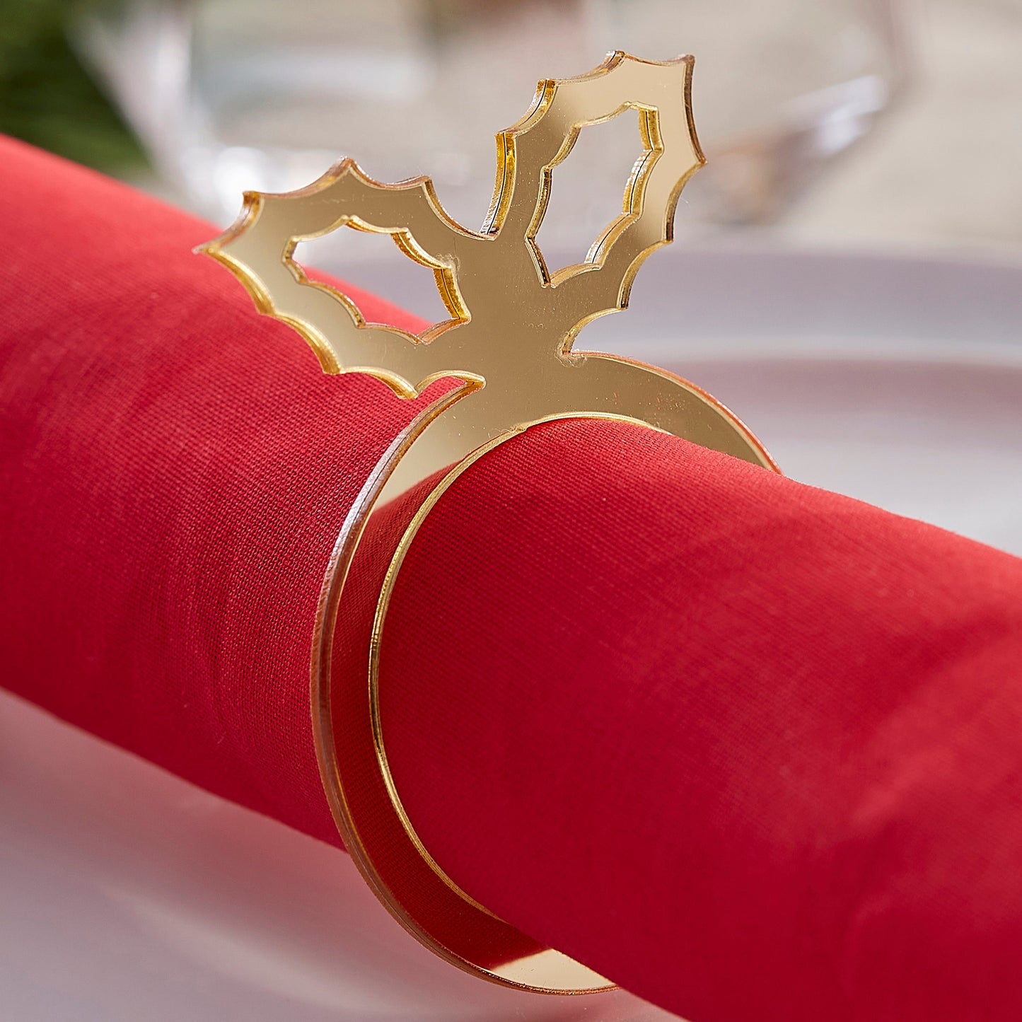 Gold Acrylic Holly Napkin Rings- 5 Inner Pack