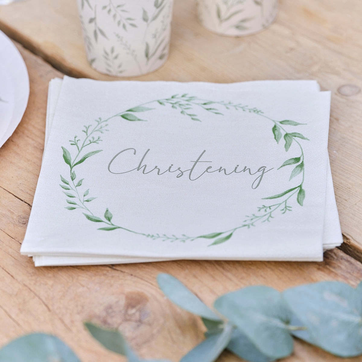 White and Green Christening Paper Napkins- 5 Inner Pack