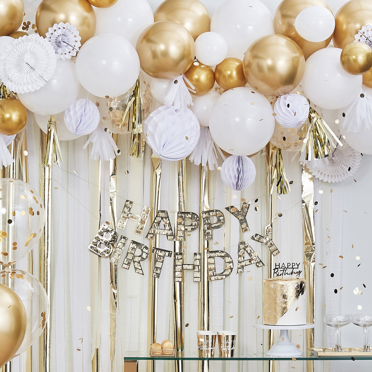 Gold Balloon And Fan Garland Party Backdrop- 5 Inner Pack