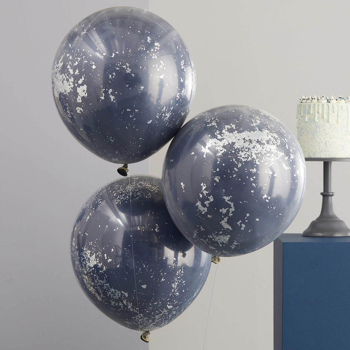 Double Layered Navy and Silver Confetti Balloon Bundle- 5 Inner Pack