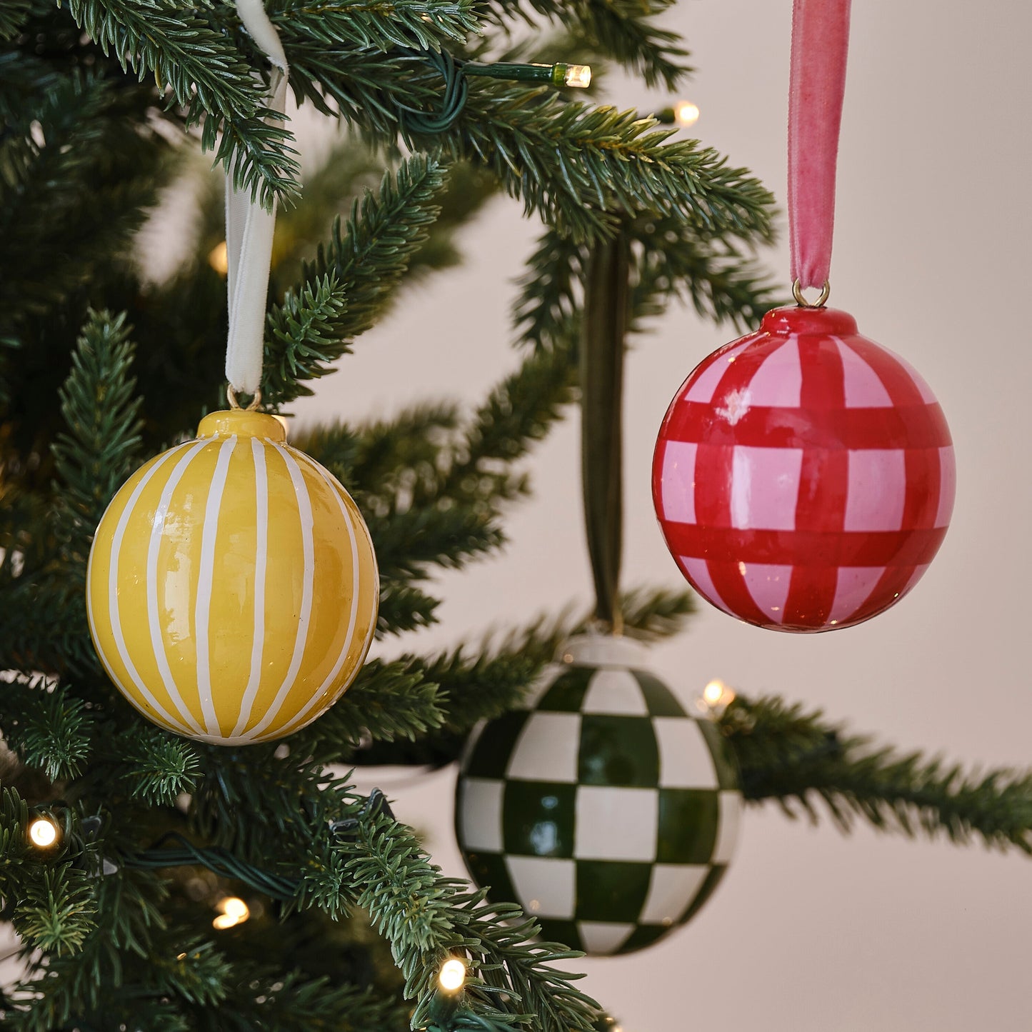 Yellow and White Striped Hand Painted Christmas Bauble- 5 Inner Pack