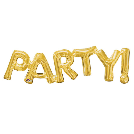 3376201 IP X5 - "Party!" Phrase Gold SuperShape Foil Balloons 33"/83cm w x 9"/22cm h S55 - 5 PC