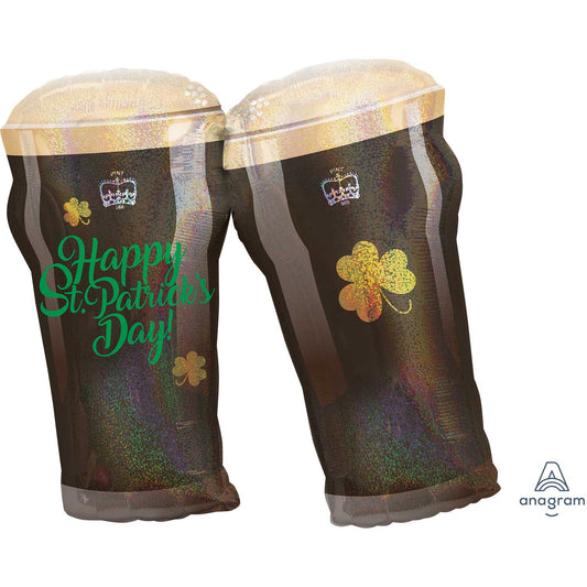 3692201 IP X5 - Happy St. Patrick's Day Holographic Beer Glasses SuperShape Foil Balloons 26"/66cm w x 28"/71cm h P40 - 7 PC