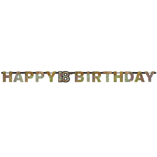 9900553 IP X12 - Gold Sparkling Celebration 18th Happy Birthday Prismatic Letter Banners 2.14m x 17cm - 12 PC