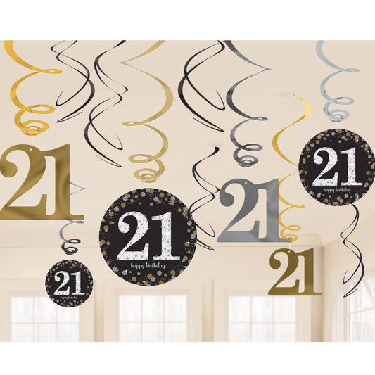 9900566 IP X12 - Gold Sparkling Celebration 21st Swirl Decoration Value Packs - 12 PKG/12