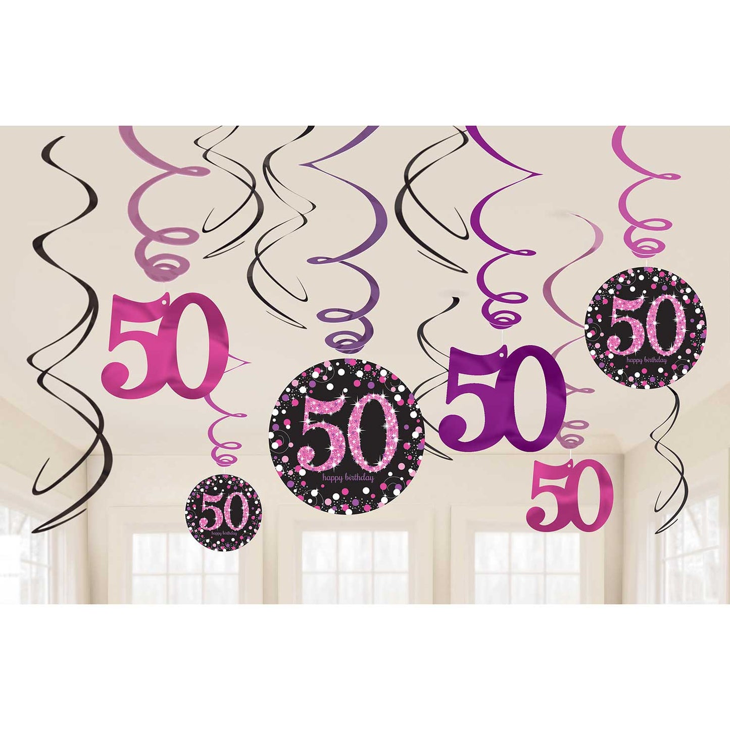 9900613 IP X12 - Pink Sparkling Celebration 50th Hanging Swirl Decorations - 12 PKG/12
