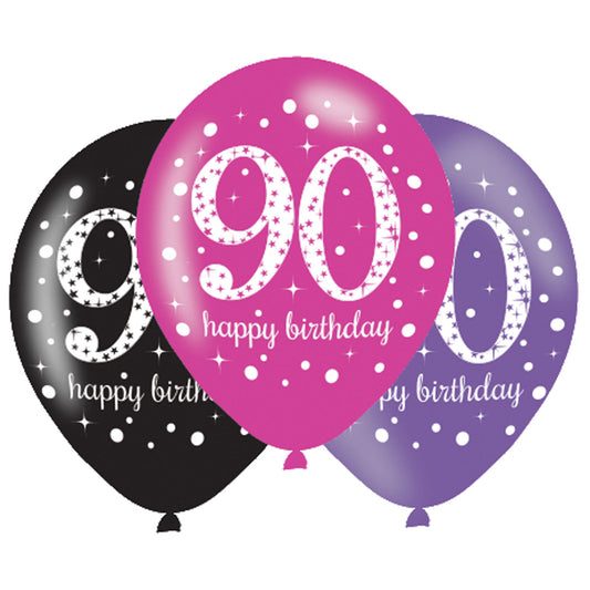 9900729 IP X6 - Pink Sparkling Celebration 90th Birthday Latex Balloons 11"/27.5cm - 6PKG/6