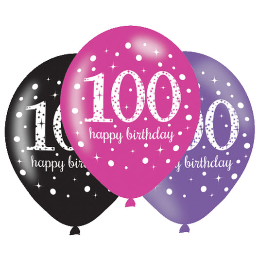 9900730 IP X6 - Pink Sparkling Celebration 100th Birthday Latex Balloons 11"/27.5cm - 6PKG/6