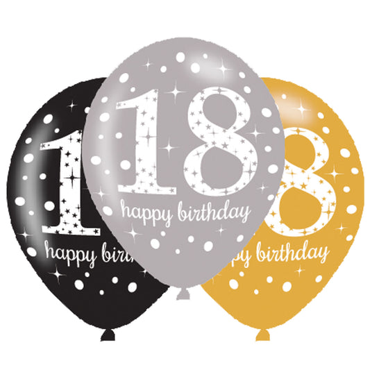 9900736 IP X6 - Gold Sparkling Celebration 18th Latex Balloons 21"/27cm - 6 PKG/6