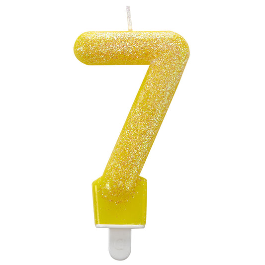 9900768 IP X12 - Glitter Birthday Candles Number 7 Yellow 7.6cm - 12 PC