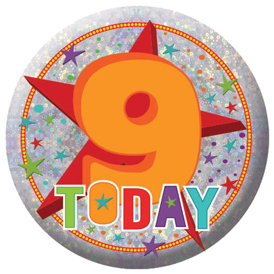 9900829 IP X12 - Happy 9th Birthday Holographic Badges 5.5cm - 12 PC
