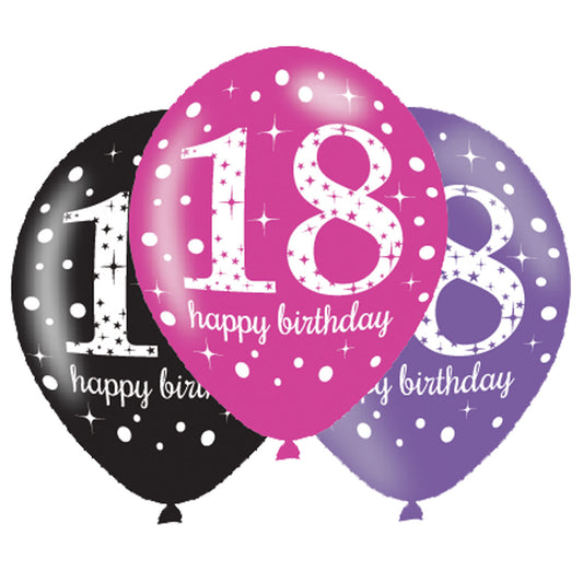 9900874 IP X6 - Pink Sparkling Celebration 18th Happy Birthday Latex Balloons 11"/27cm - 6 PKG/6