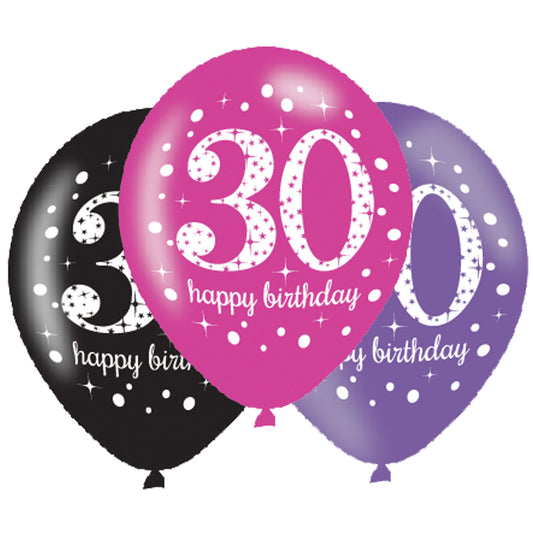 9900876 IP X6 - Pink Sparkling Celebration 30th Happy Birthday Latex Balloons 11"/27cm - 6 PKG/6