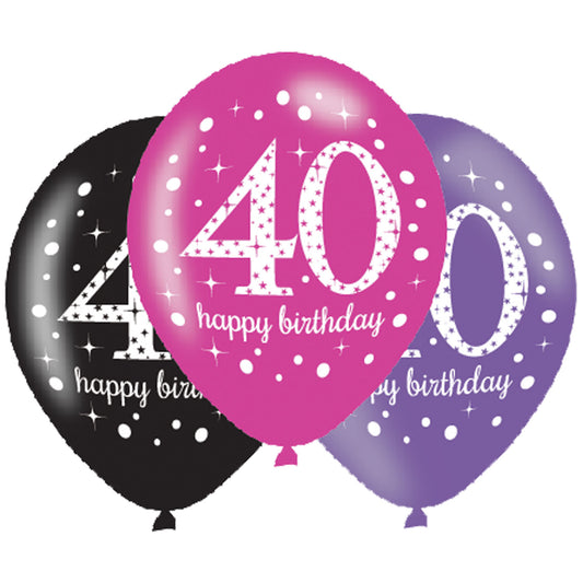 9900877 IP X6 - Pink Sparkling Celebration 40th Happy Birthday Latex Balloons 11"/27cm - 6 PKG/6