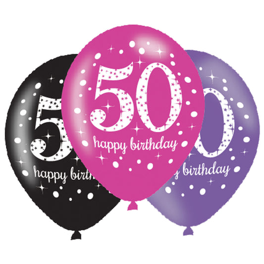 9900878 IP X6 - Pink Sparkling Celebration 50th Happy Birthday Latex Balloons 11"/27cm - 6 PKG/6