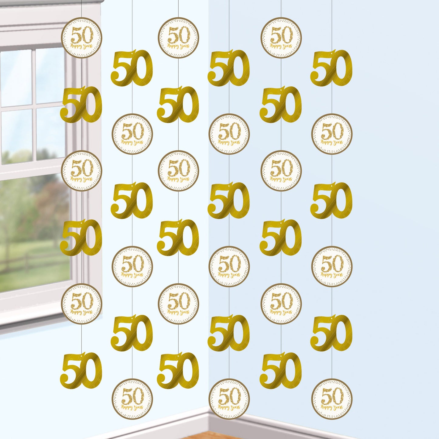 9902216 IP X6 - Sparkling Golden Anniversary Prismatic String Decorations 2m - 6 PKG/6