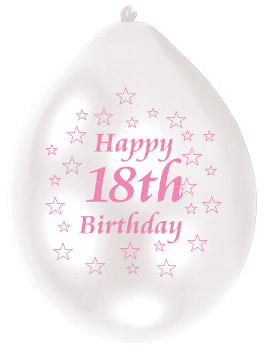 INT995565 IP X6 - Happy 18th Birthday Pink/White Latex Balloons 22.8cm - 6 PKG/10