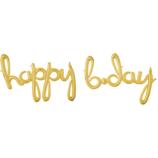 3793711 IP X5 - "Happy Bday" Script Phrase Gold Foil Balloons 35"/88cm x 25"/63cm G40 - 5 PC