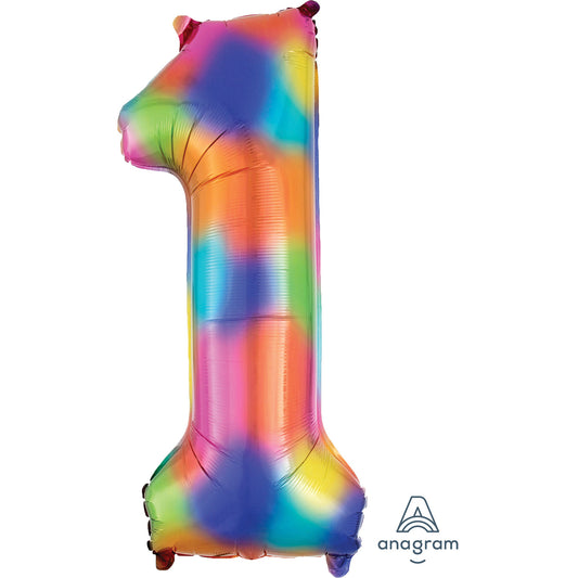 3853101 IP X5 - Number 1 Rainbow Splash SuperShape Foil Balloons 13"/33cm w x 34"/86cm h P50 - 5 PC