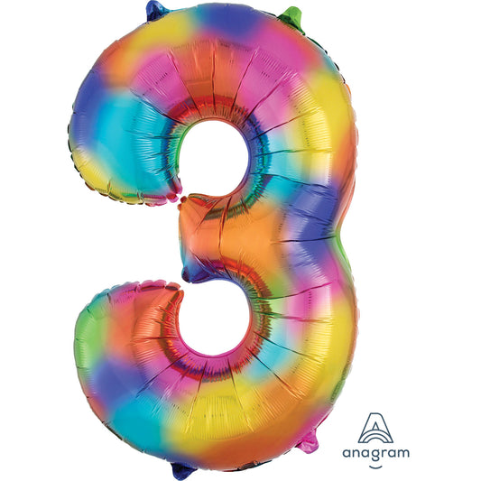 3853301 IP X5 - Number 3 Rainbow Splash SuperShape Foil Balloons 21"/53cm w x 35"/88cm h P50 - 5 PC