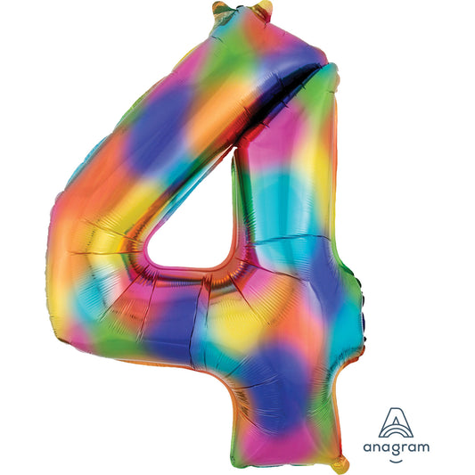 3853401 IP X5 - Number 4 Rainbow Splash SuperShape Foil Balloons 26"/66cm w x 35"/88cm h P50 - 5 PC