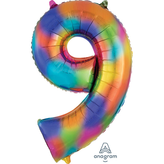 3853901 IP X5 - Number 9 Rainbow Splash SuperShape Foil Balloons 25"/63cm w x 34"/86cm h P50 - 5 PC