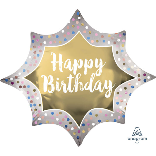 3906001 IP X5 - Happy Birthday Satin Gold Burst SuperShape XL Foil Balloons 35"/88cm w x 29"/73cm h P35 - 5 PC