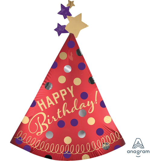 3906101 IP X5 - Happy Birthday Red Satin Party Hat SuperShape Foil Balloons 27"/68cm w x 36"/91cm h P35 - 5 PC