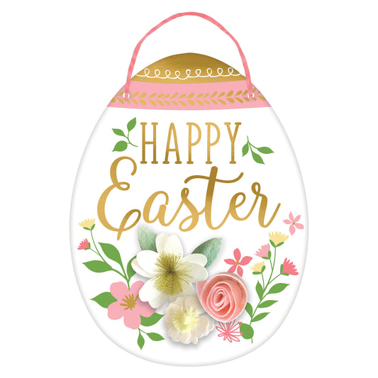 Easter Egg MDF Hanging Signs with Felt Flowers 34cm - 6 PC