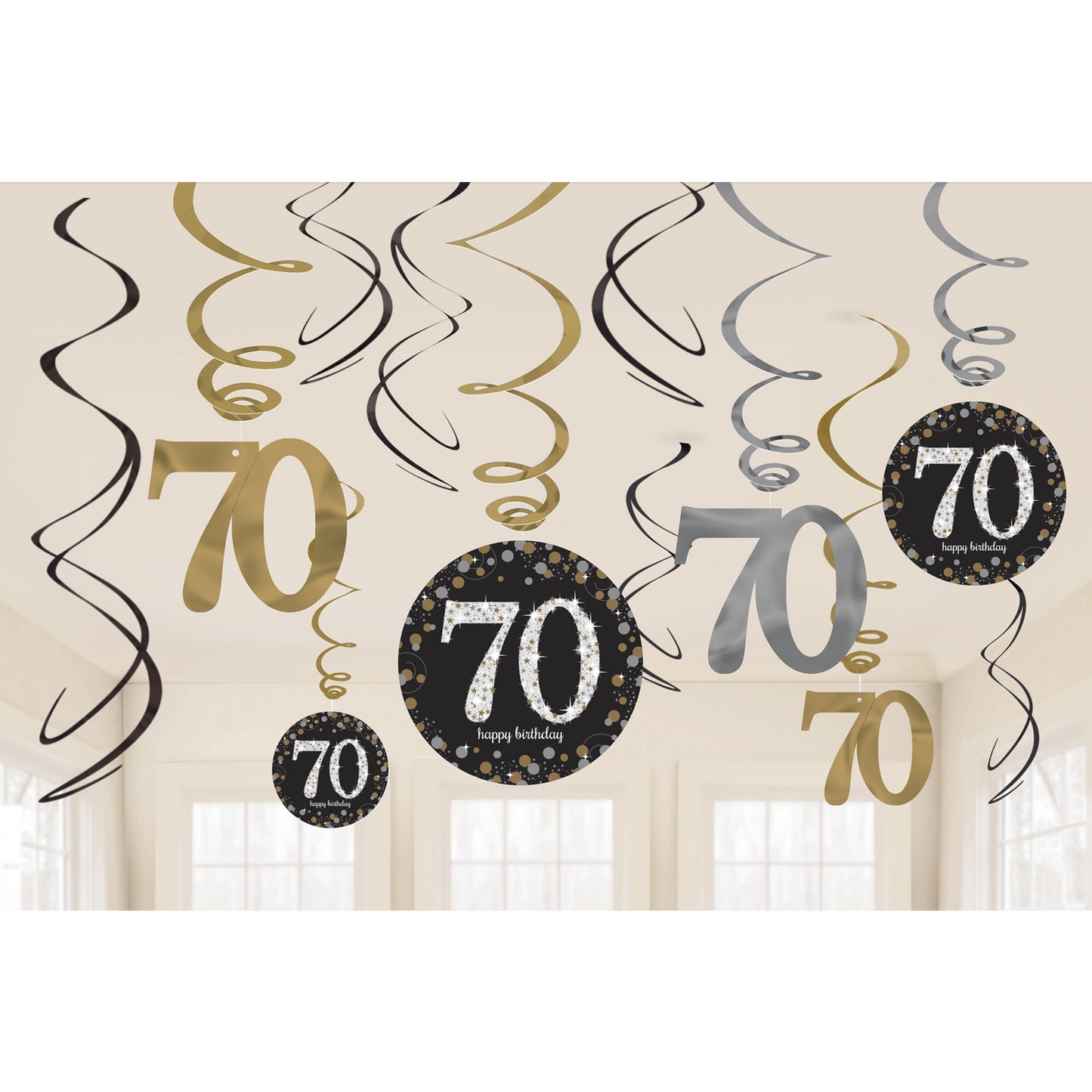 671964 IP X12 - Gold Sparkling Celebration 70th Swirl Decorations Value Packs - 12 PKG/12
