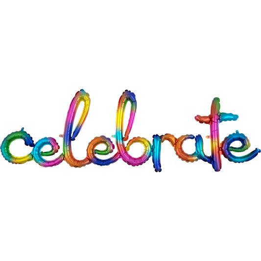 3918311 IP X5 - "Celebrate" Rainbow Splash Script Phrase Foil Balloons 59"/149cm w x 20"/50cm h G50 - 5 PC