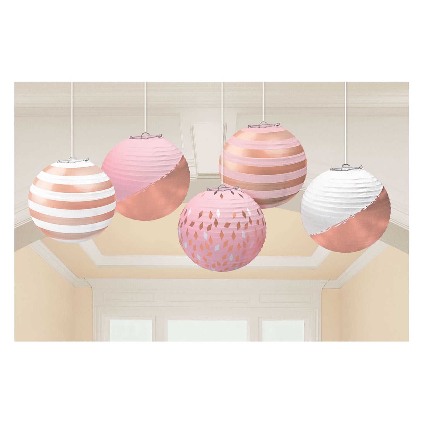 242680 IP X6 - Rose Gold Blush Hot Stamped Paper Lanterns 12cm - 6 PKG/5