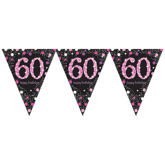9900614 IP X12 - Pink Sparkling Celebration 60th Prismatic Pennant Bunting 4m x 20cm - 12 PC