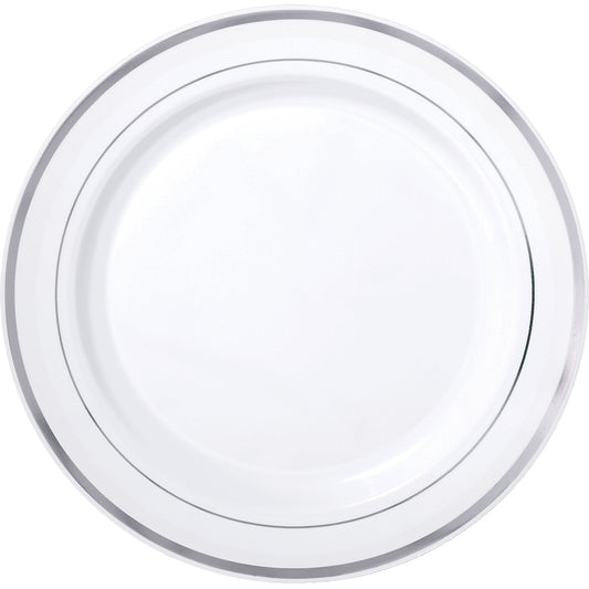 438951 IP X6 - Premium White Plastic Plates Silver Trim 19cm - 6 PKG/20