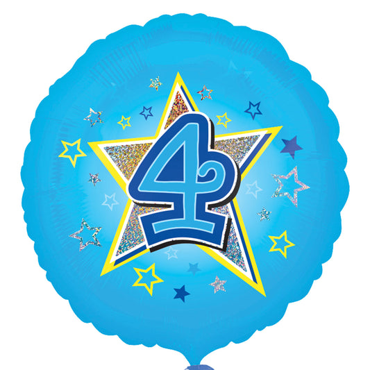 2953501 IP X5 - Blue Stars Age 4 Standard Holographic Foil Balloon S40 - 5 PC