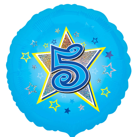 2953601 IP X5 - Blue Stars Age 5 Standard Holographic Foil Balloon S40 - 5 PC