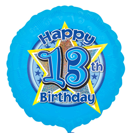 2954201 IP X5 - Blue Stars Happy 13th Birthday Standard Holographic Foil Balloon S40 - 5 PC