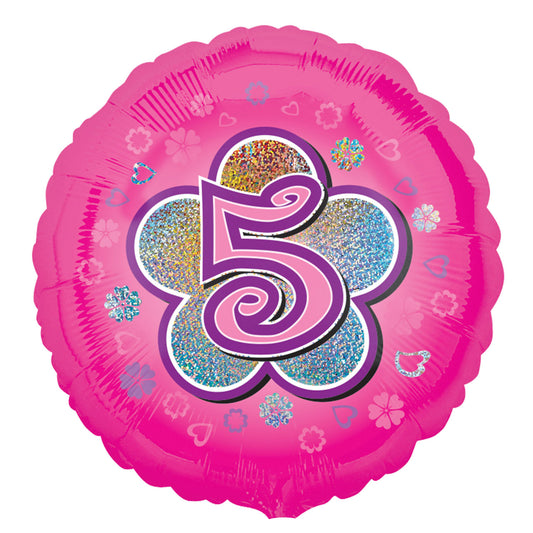 2954701 IP X5 - Pink Flowers Age 5 Standard Holographic Foil Balloon S40 - 5 PC