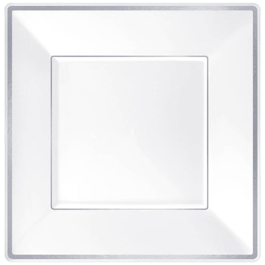 430066 IP X12 - Premium White Square Plastic Plates Silver Border 25cm - 12 PKG/8