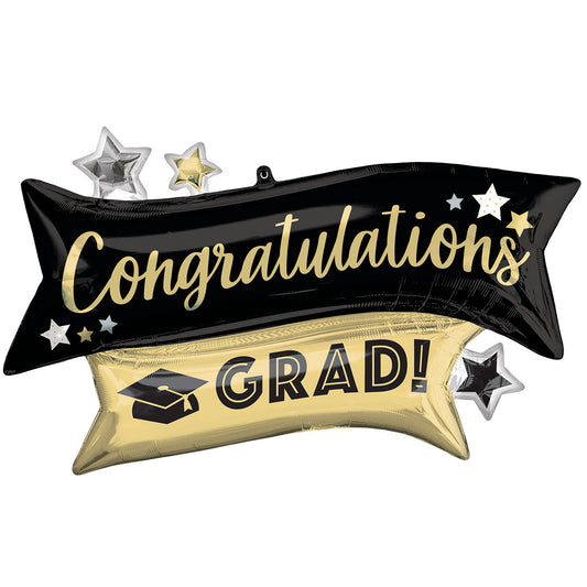 4421601 IP X5 - Congratulations Grad Gold & Black SuperShape Foil Balloons 38"/96cm w x 23"/58cm h P35 - 5 PC