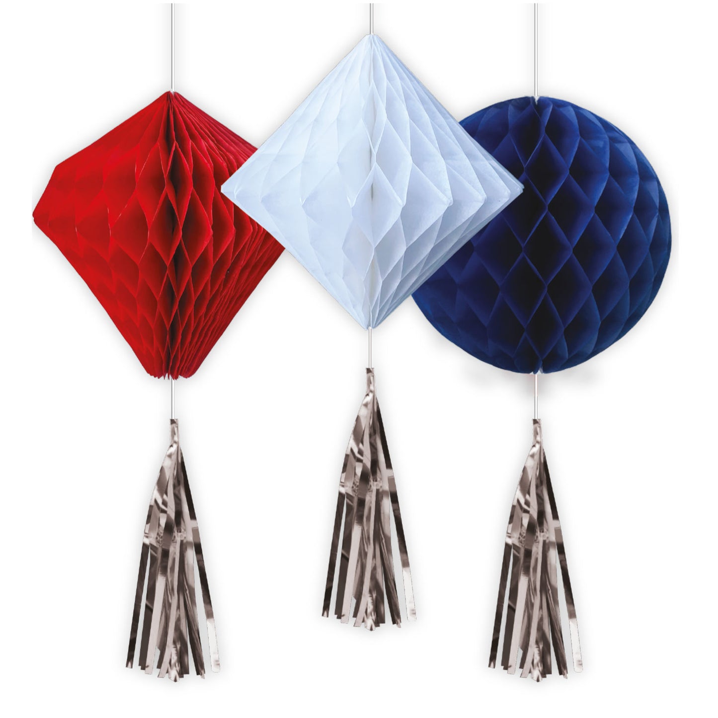 9913030 IP X6 - A Day to Remember Red White & Blue Honeycomb Decorations with Tassels 17 w x 45 h - 6 PKG/3