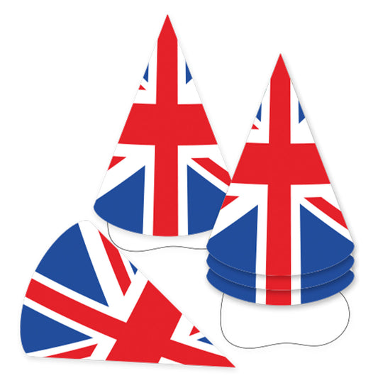 Red White & Blue GB Flag Cone Hats 17cm - 6 PKG/6