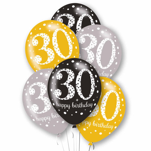 9912757 IP X10 - Age 30 Black, Silver & Gold Mix Latex Balloons 11"/27.5cm - 10 PKG/6