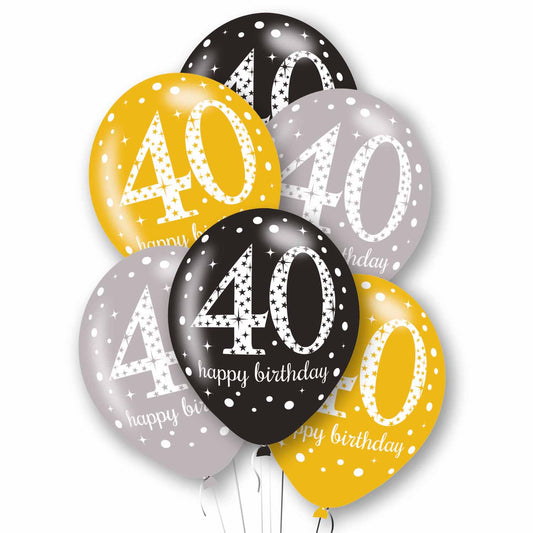9912755 IP X10 - Age 40 Black, Silver & Gold Mix Latex Balloons 11"/27.5cm - 10 PKG/6